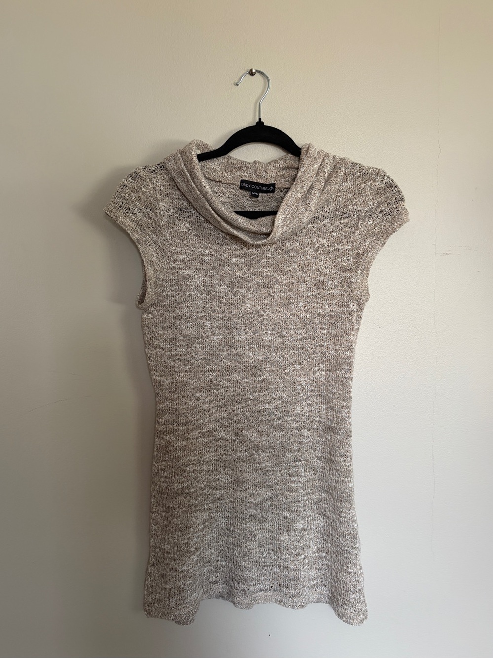 Y2K Candy Couture Knit Top Cowl Neck Beige Short Sleeve Fall Layering - Picture 4 of 8